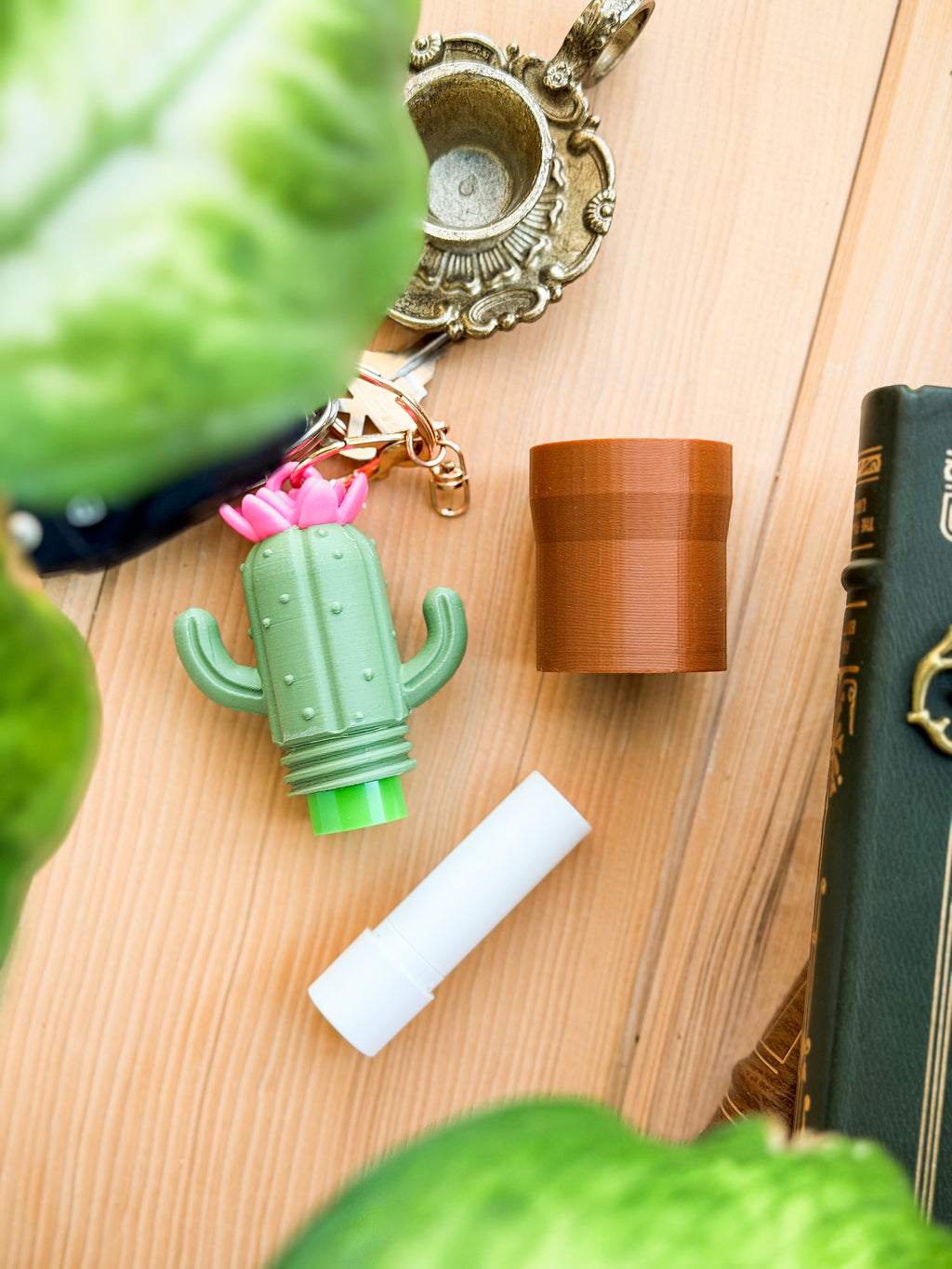 Blooming Cactus Chapstick Holder Keychain